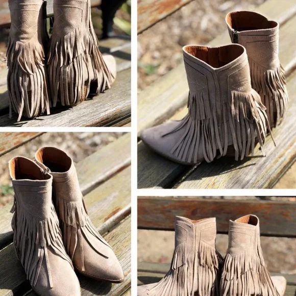 NEW Fringe Tassel Faux Suede Pointy Toe Block Heel Western Booties Boots Taupe - Picture 12 of 13